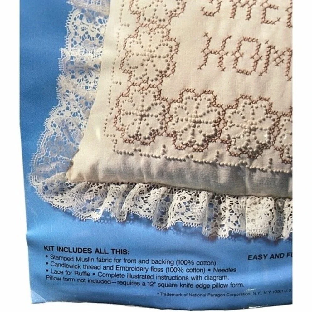 VTG Creative Moments Home Sweet Home Candlewick Lace Edged Pillow Needlepoint
